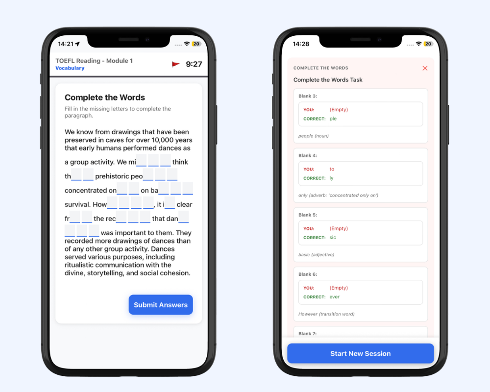 TOEFL app showing Complete the Words question