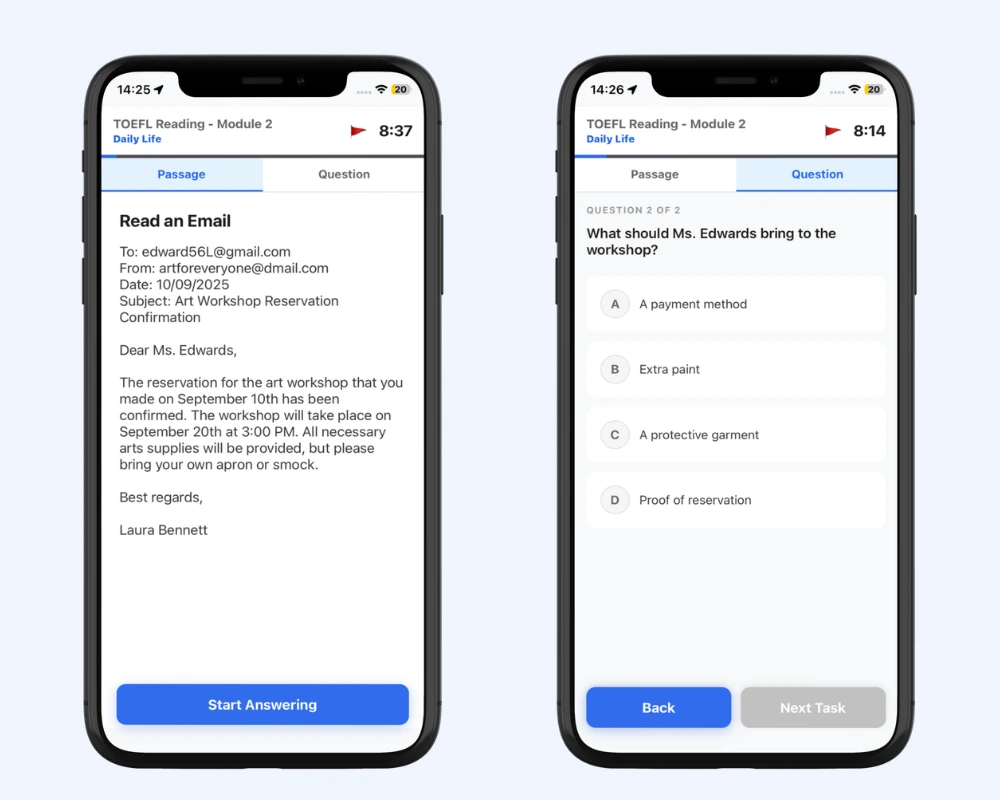 TOEFL app showing Complete the Words question