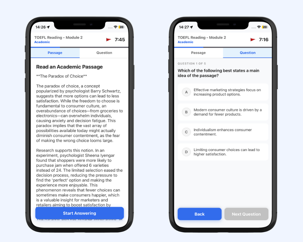 TOEFL app showing Complete the Words question