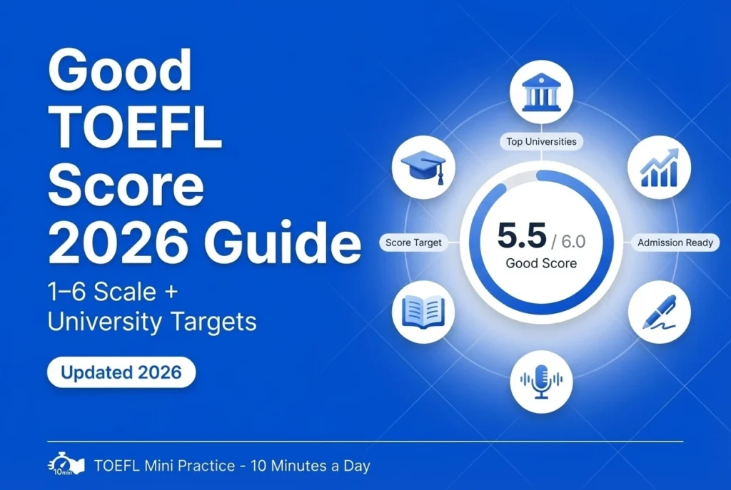 What is a good TOEFL score in 2026? New 1–6 scale explained. Score chart showing 5.0+ as good for most universities.