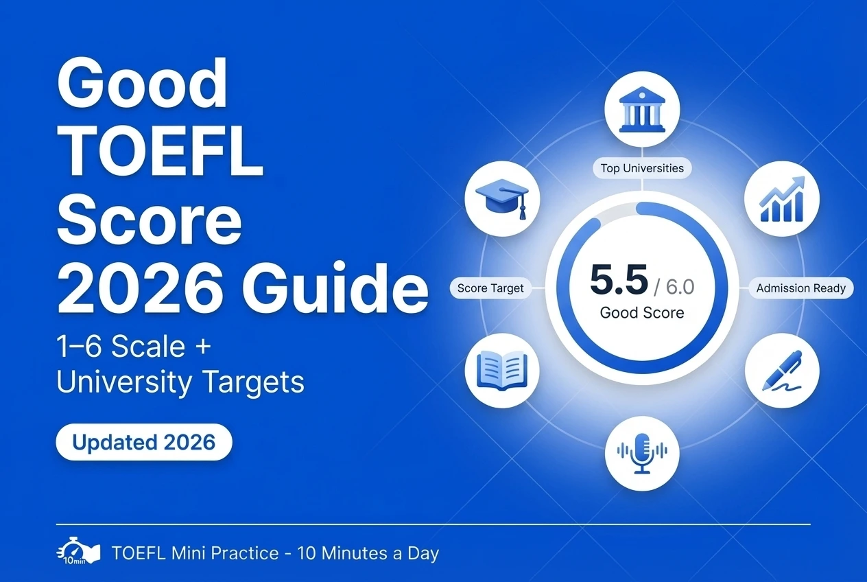 What is a good TOEFL score in 2026? New 1–6 scale explained. Score chart showing 5.0+ as good for most universities.