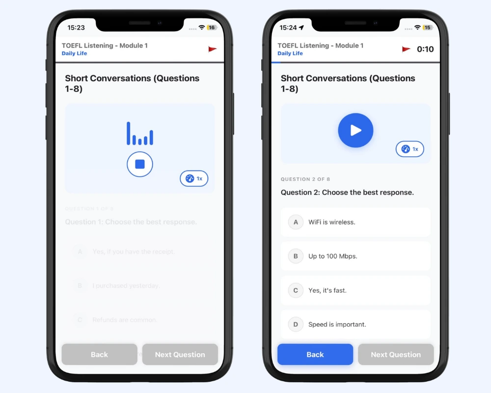 TOEFL listening choose correct response practice app screen