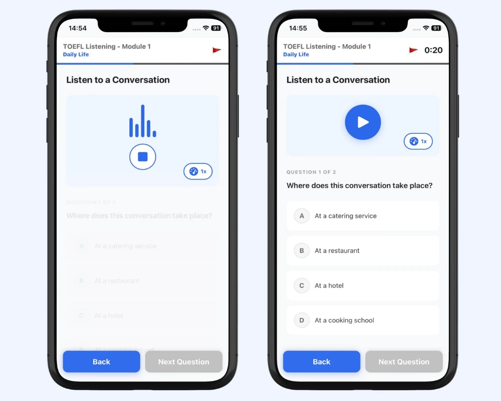 TOEFL listening conversation practice questions app screen