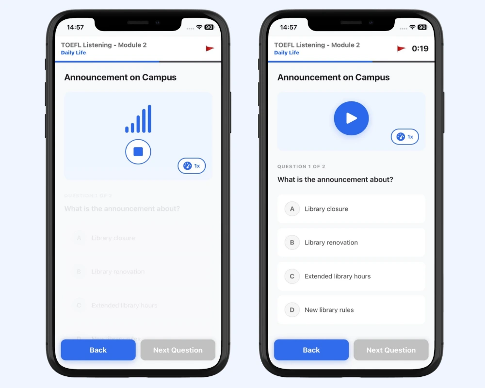 TOEFL listening announcement practice app screen
