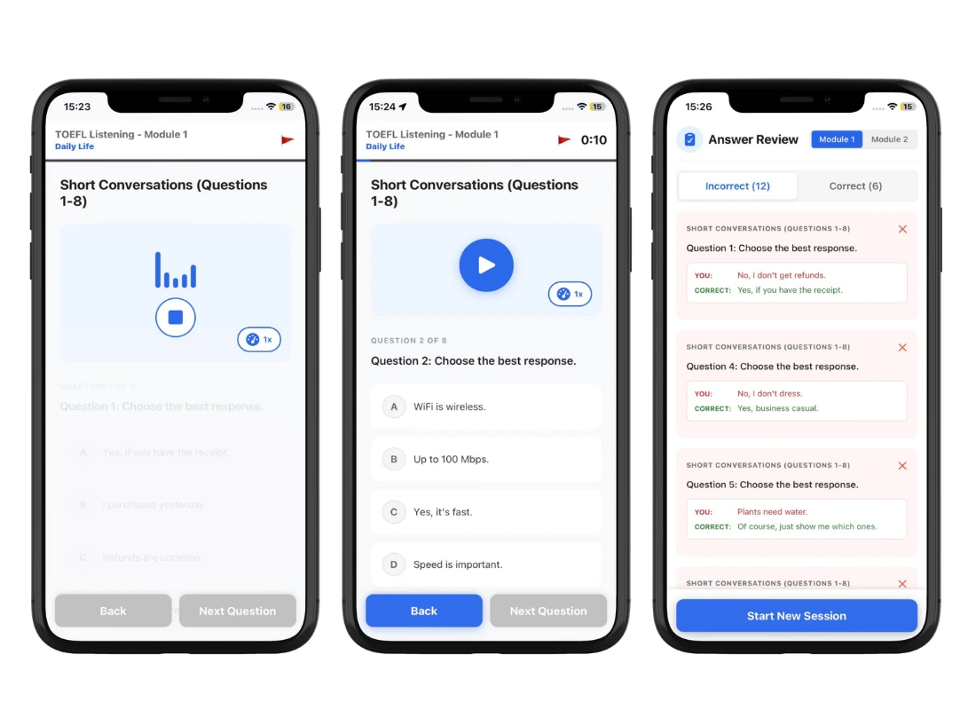 TOEFL app showing listening section practice