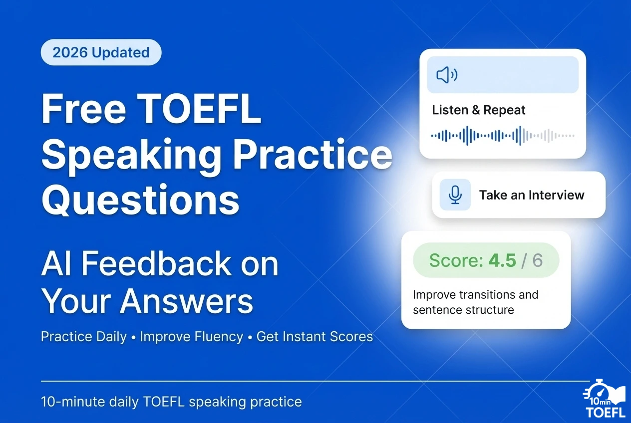 Free TOEFL speaking practice questions with AI feedback, including Listen and Repeat and Take an Interview tasks