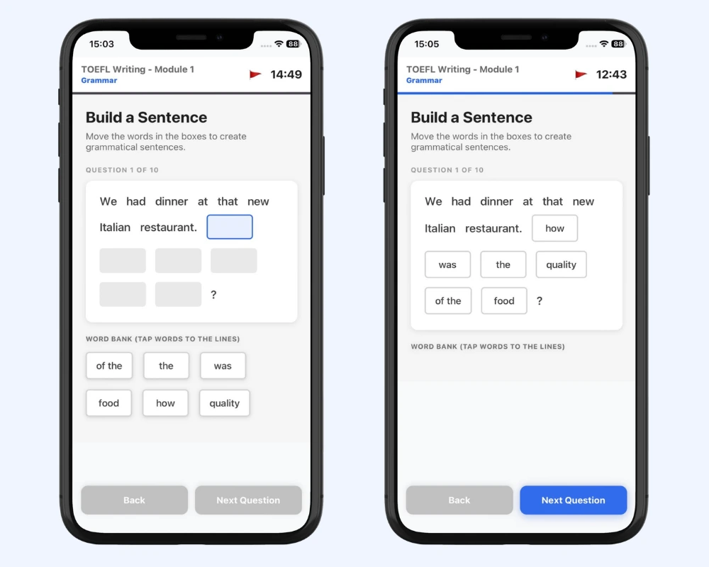 TOEFL writing build a sentence practice app screen