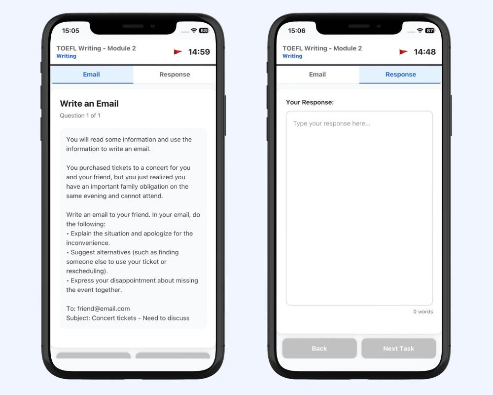 TOEFL writing email task practice app screen