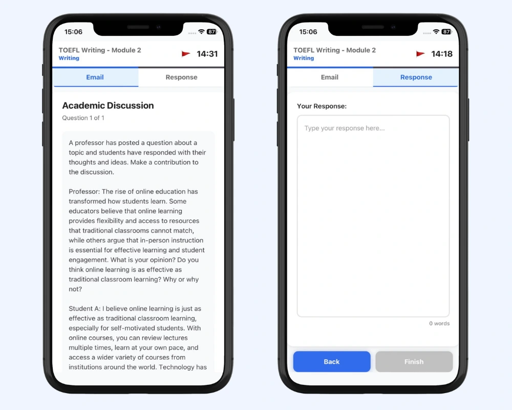 TOEFL academic discussion writing task app screen