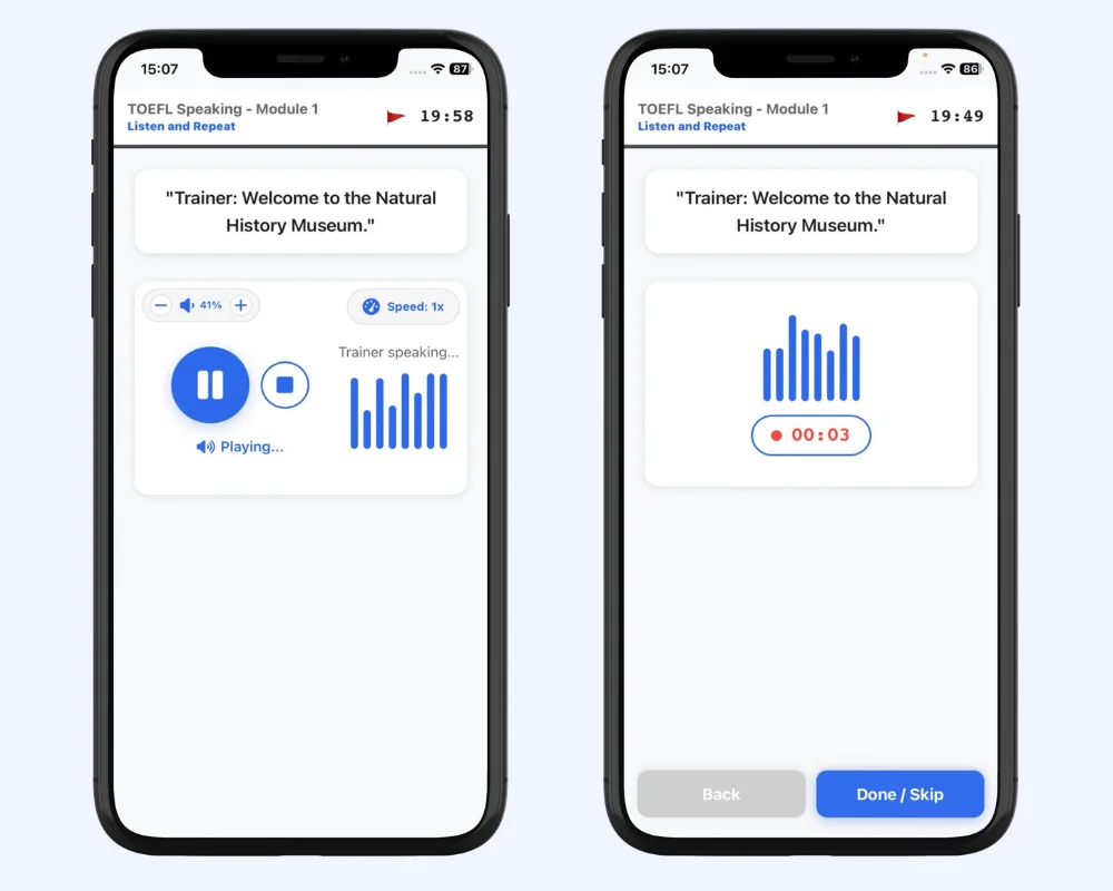 TOEFL speaking listen and repeat practice app screen
