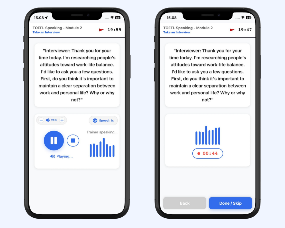 TOEFL speaking interview practice app simulation screen