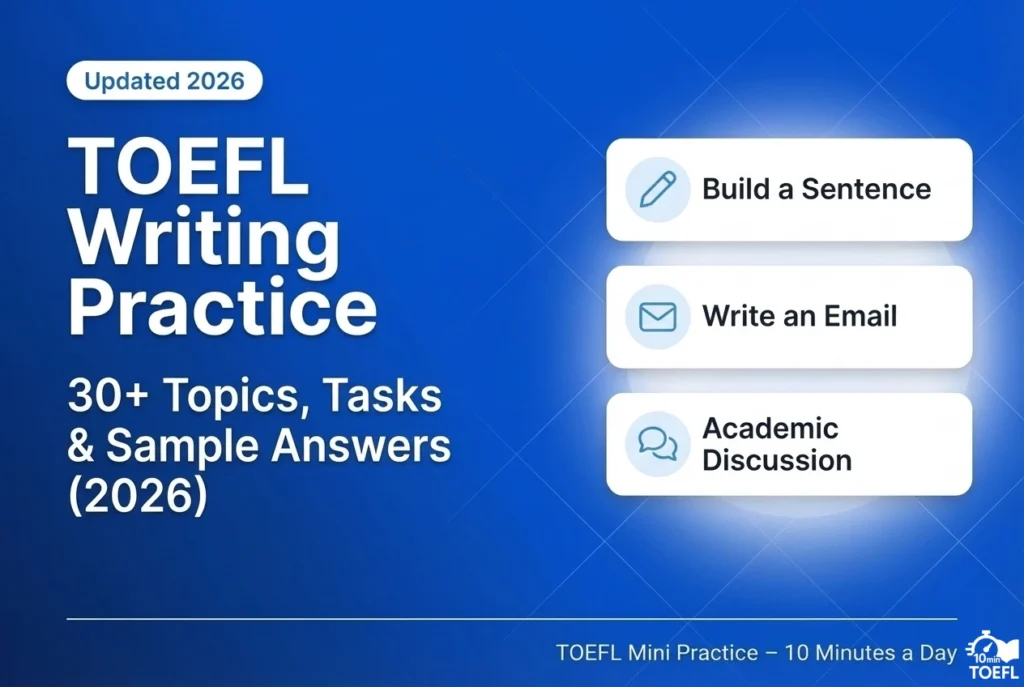 TOEFL Writing Practice 2026 with 30+ topics, tasks, and sample answers including build a sentence, write an email, and academic discussion