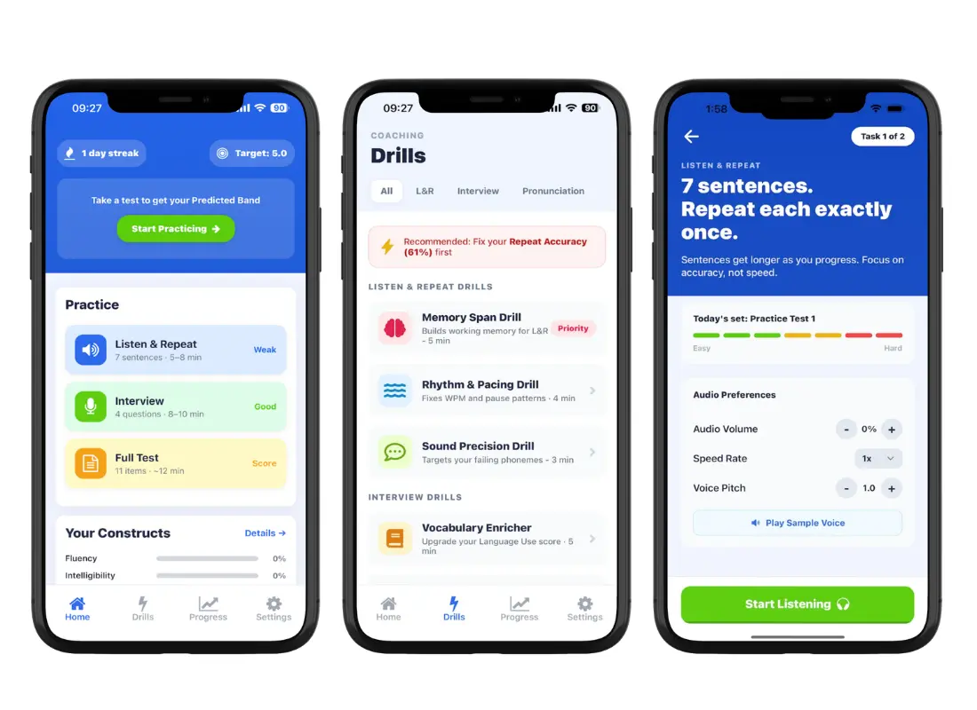 TOEFL Speaking Practice AI app showing per-construct score breakdown and drill selection