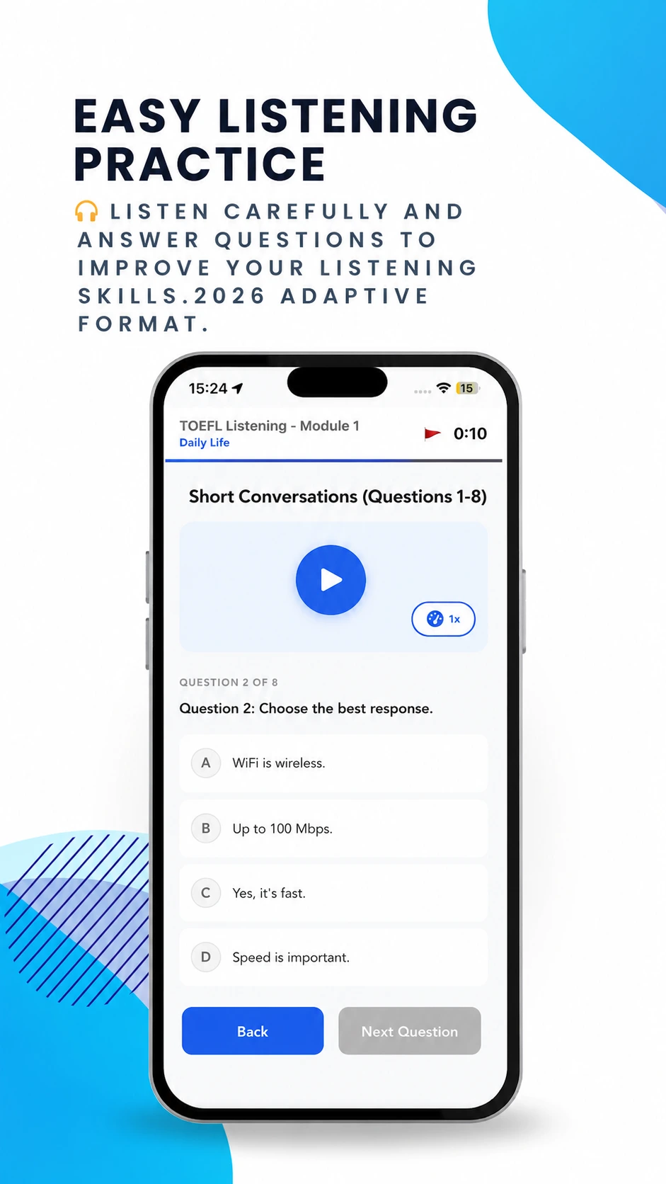 TOEFL Listening Practice Test 2026 app screen showing academic lecture playback with note-taking interface and multiple-choice questions