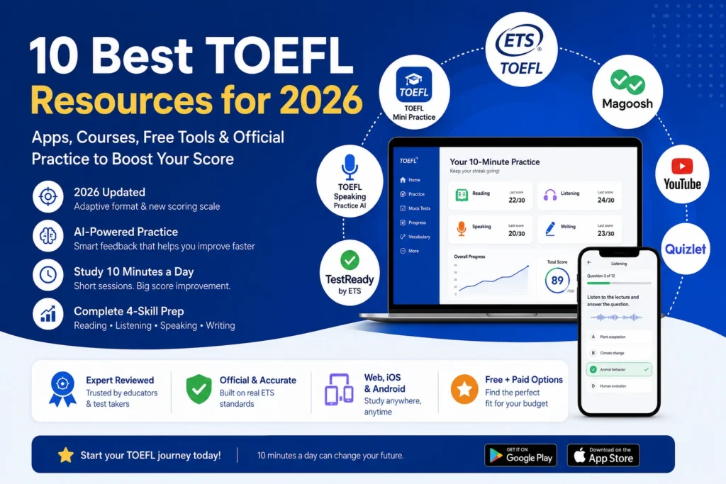 10 BEST TOEFL RESOURCES FOR 2026 (Apps, Courses & Free Tools & Official Practice)