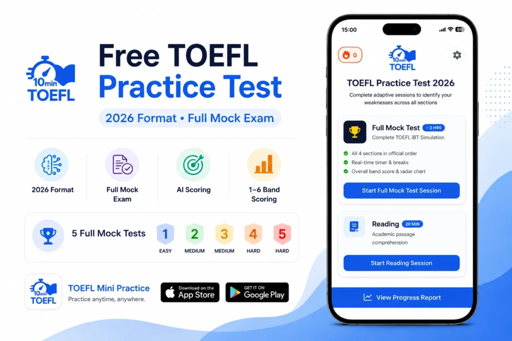 Free TOEFL Practice Test 2026 mobile app showing a full TOEFL iBT mock exam with instant AI scoring, 2026 format practice tests, 1–6 band scoring, and adaptive TOEFL preparation.